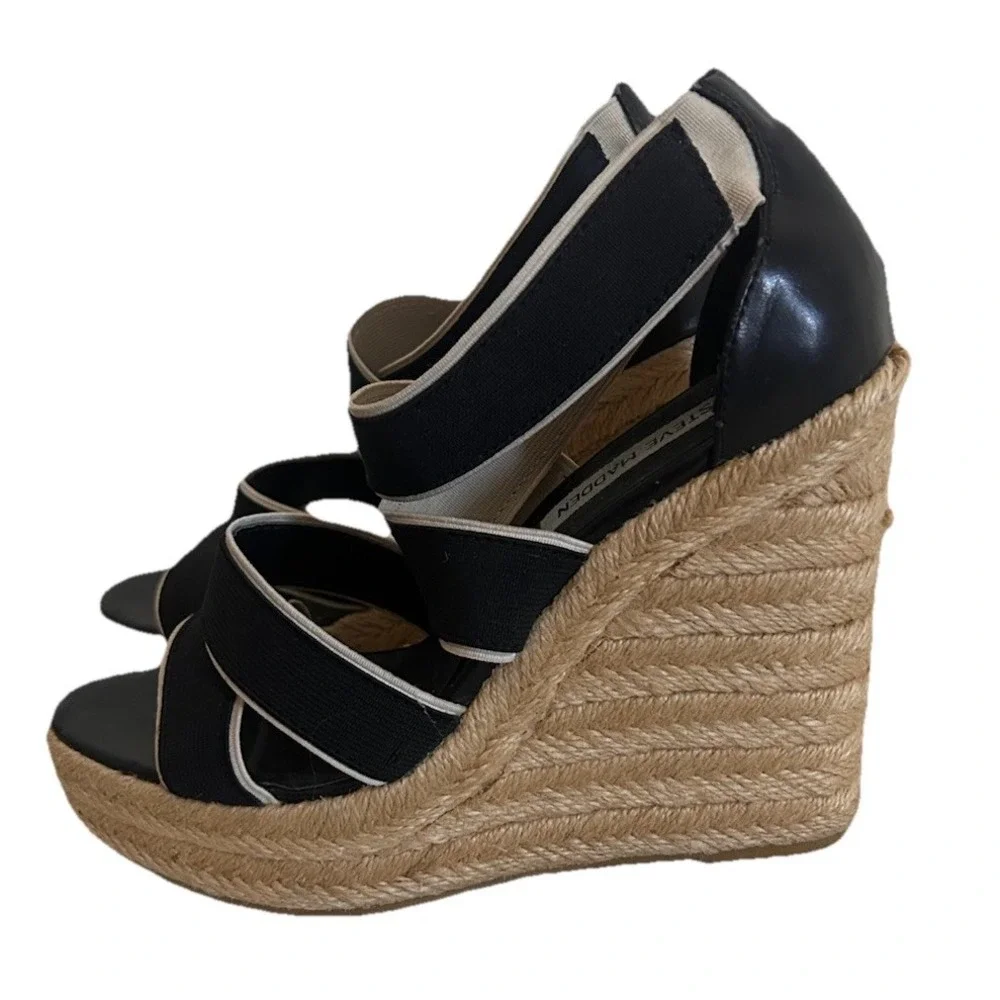 STEVE MADDEN Erryn Wedge Sandals Size 8 Espadrilles Navy Blue and Brown-JKL-1-A